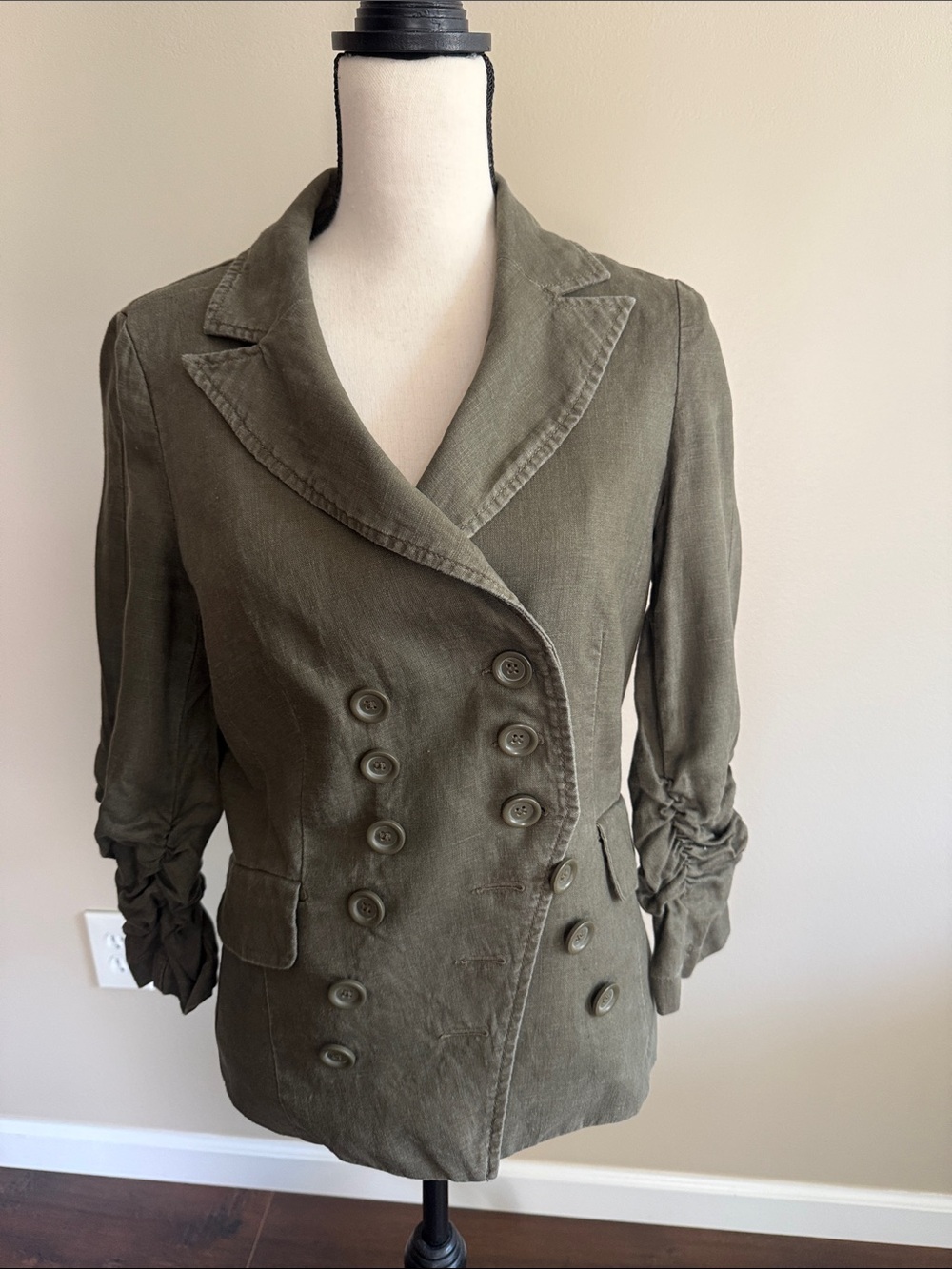 INC International Concepts Double-Breasted Ruched-Sleeve 100% Linen Jacket MED